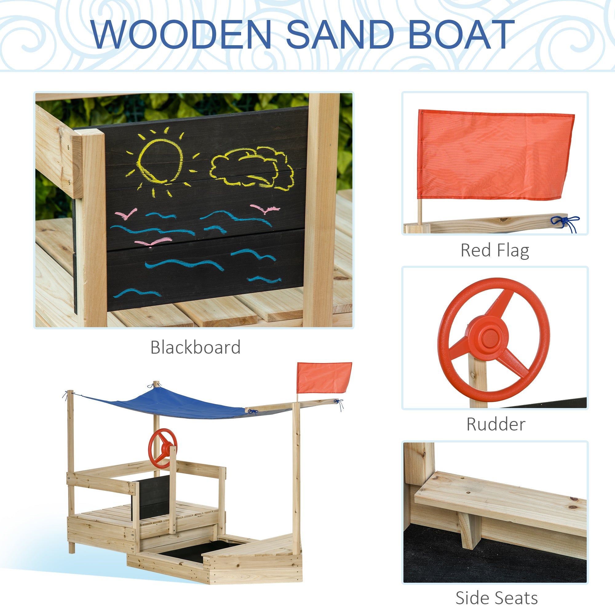 Outsunny Wooden Sandbox for Kids Outdoor Sand Boat with Cover Foldable Play Station Natural Wood Finish