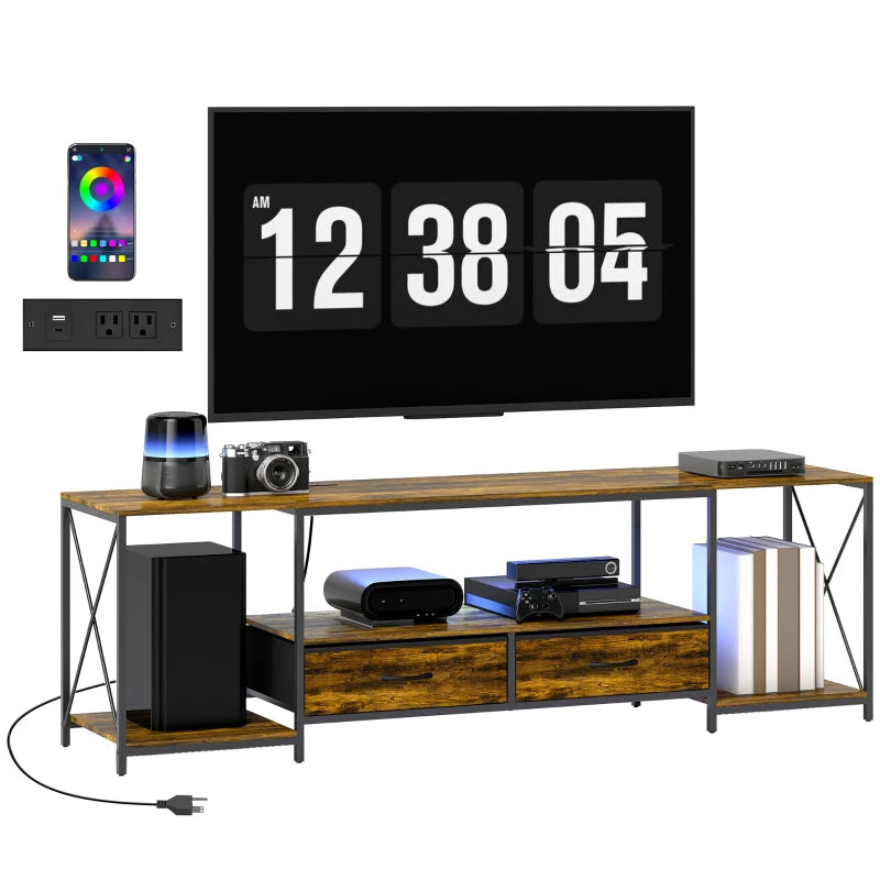 Industrial TV Stand for up to 60 Inch TV, TV Console with Charging Station and RGB LED Lights, Rustic Brown
