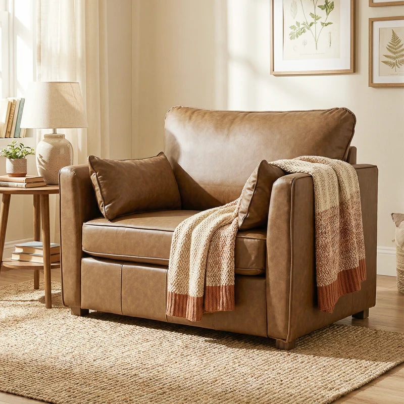 Accent Chair, PU Leather Armchair with Wide Seat, Spring Cushion, Rubberwood legs, 2 Pillows, Brown