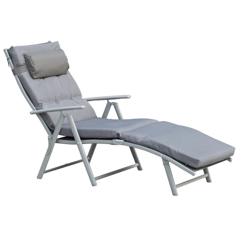 Outdoor Folding Chaise Lounge Chair Recliner with Portable Design, Adjustable Backrest, Cushion and Headrest, Grey