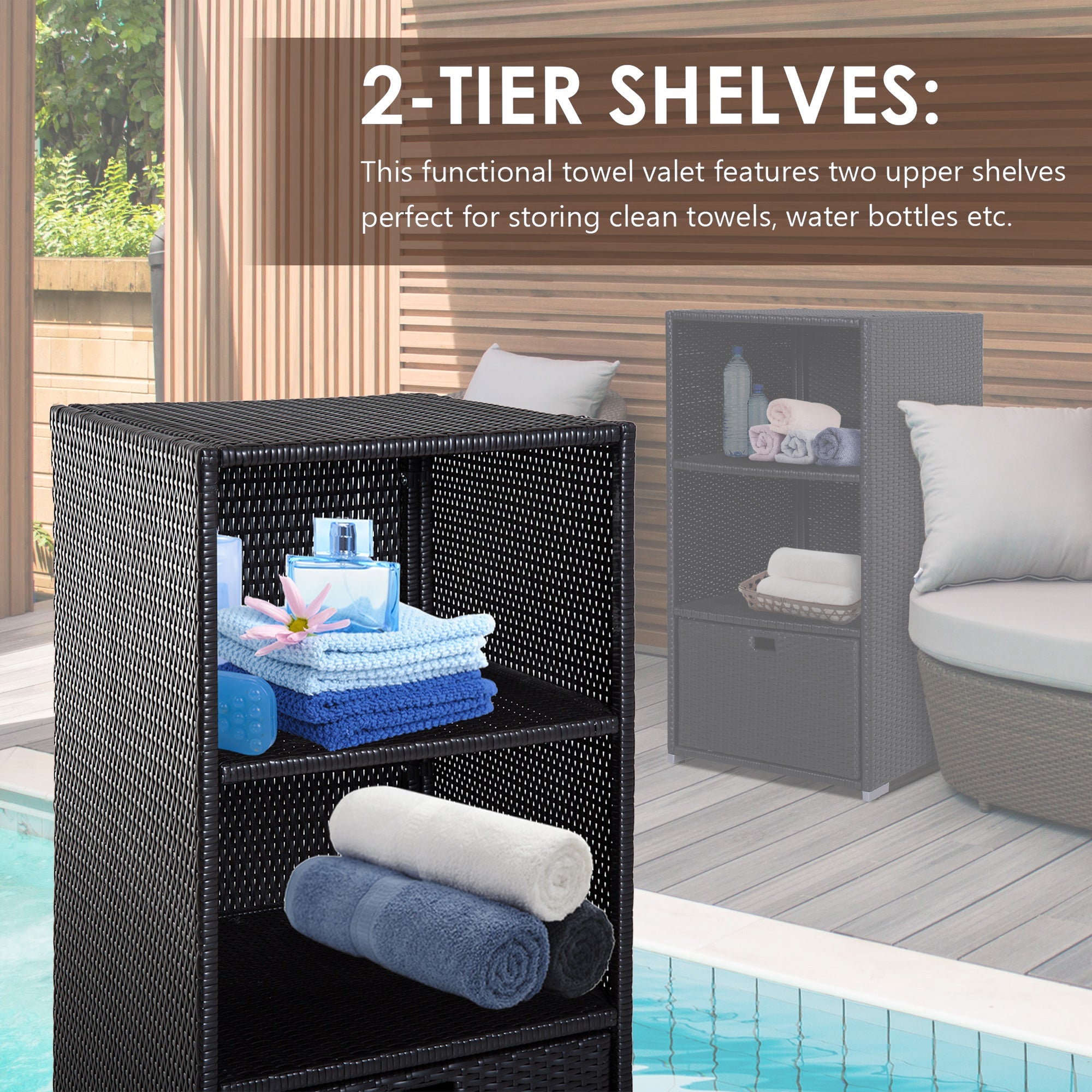 Outsunny Wicker Rattan Towel Valet Organizer Poolside 2 Shelf 1 Drawer Storage