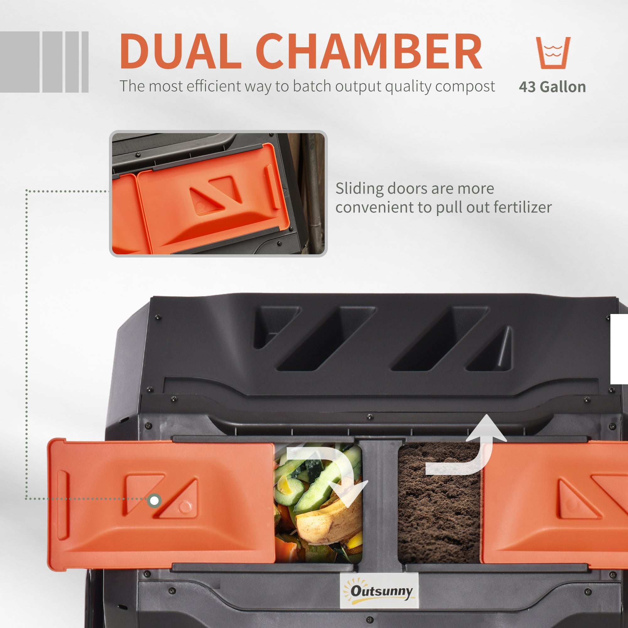 Outsunny Tumbling Composter Dual Chamber, 360° Rotation, 43 Gallon, Easy Access Sliding Doors, in Orange