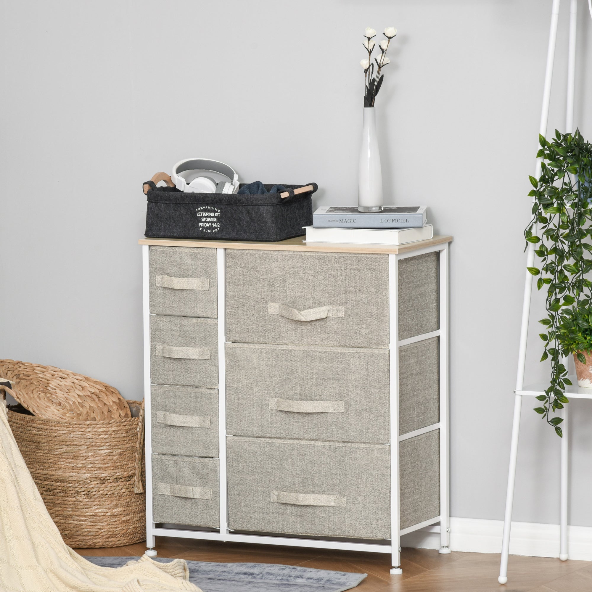 HOMCOM 7-Drawer Storage Cabinet: Fabric Bins, Metal Frame for Versatile Organization, Grey