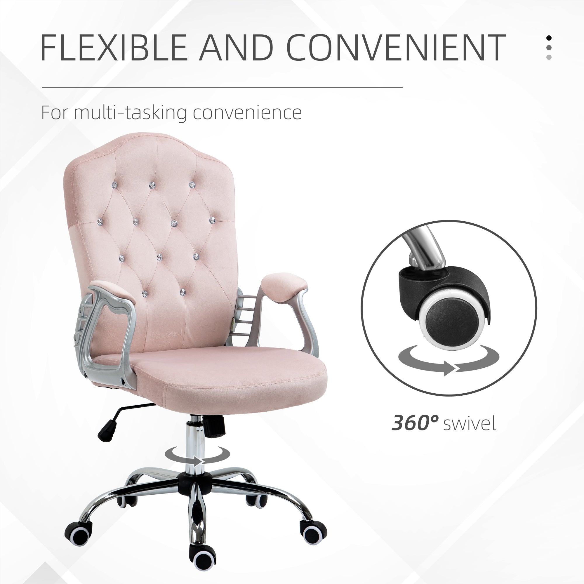 Vinsetto Chic Velvet Home Office Chair: Pink Button Tufted, Swivel Desk Chair, Adjustable Height, Tilt Function