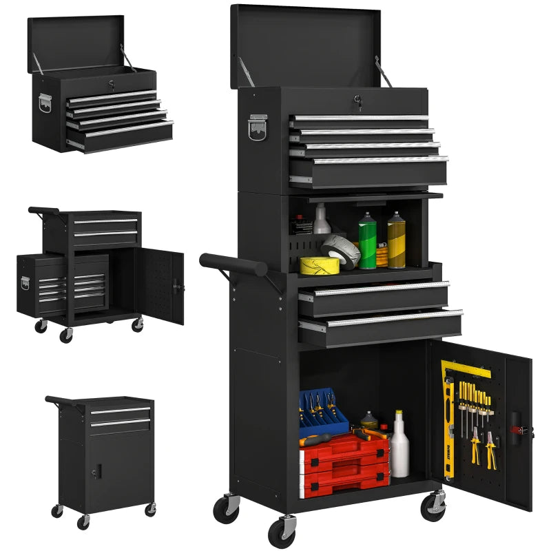 Large Tool Cabinet, 3-in-1 Rolling Tool Chest, Detachable Tool Storage Organizer with 6 Drawers and Pegboard, Black