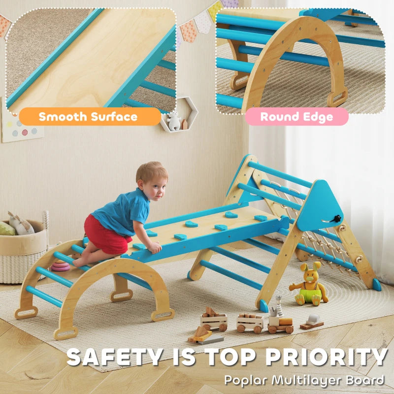 Qaba 8-in-1 Pikler Triangle Set, Foldable Wooden Climbing Toys with Arch, Ramp and Ladder for Ages 18-48 Mouths, Blue