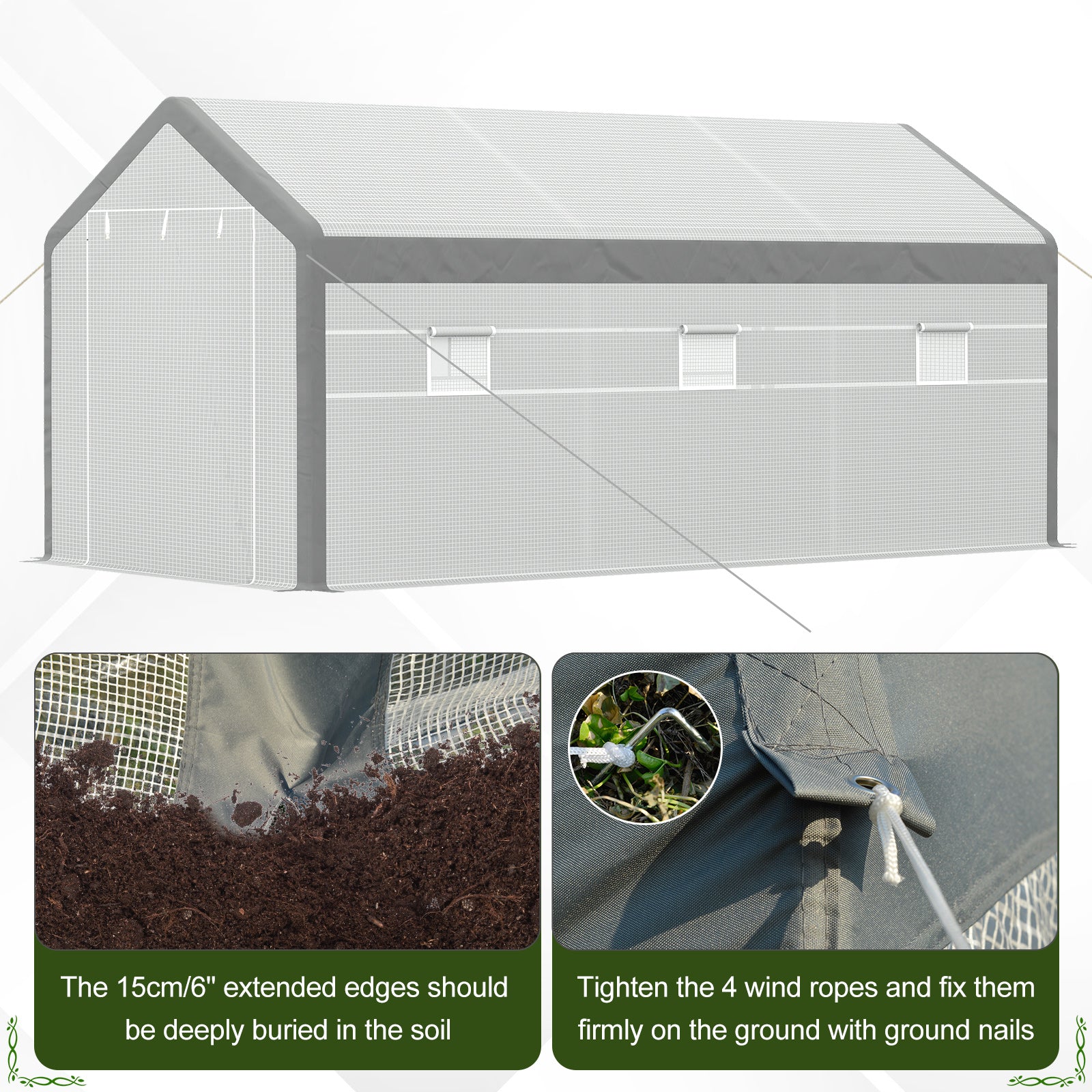 Outsunny Walk-in Greenhouse 20' x 10' x 9' with Roll Up Doors 6 Windows for Plant Protection Outdoor PE Cover White