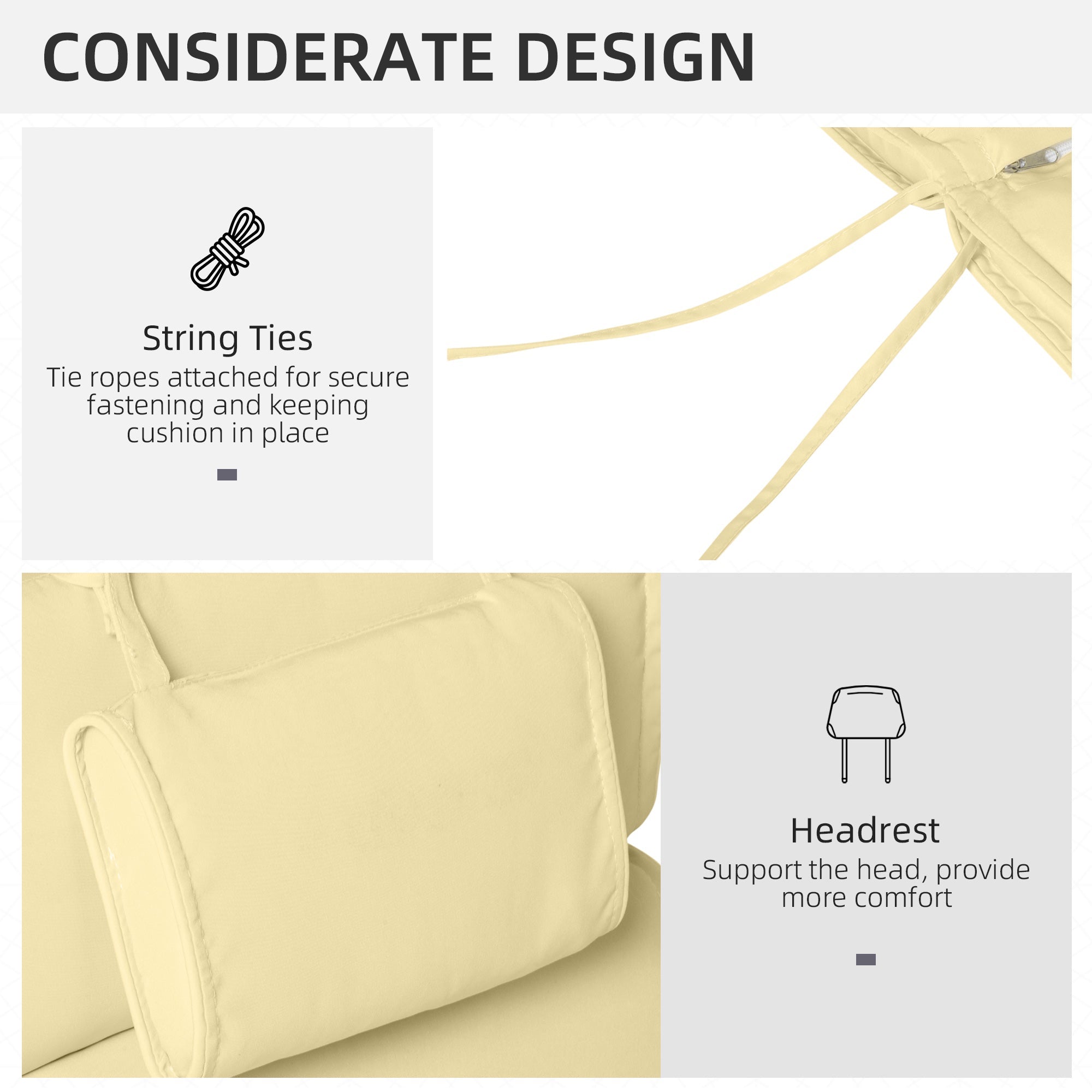 Outsunny Lounger Chair Cushion with Thick Padded, Headrest, Cream White