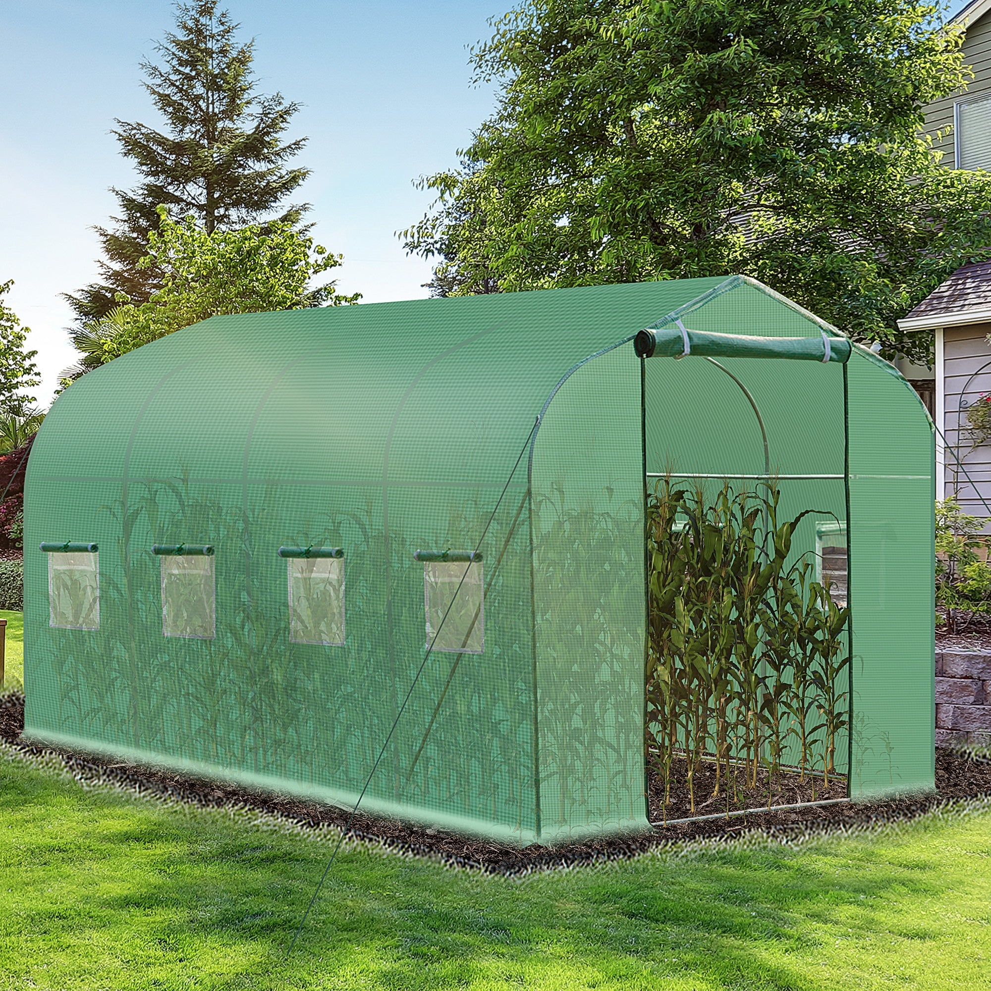 Outsunny Polytunnel Greenhouse 13'x6.6'x6.6' Walk in for Garden Backyard with Windows and Door