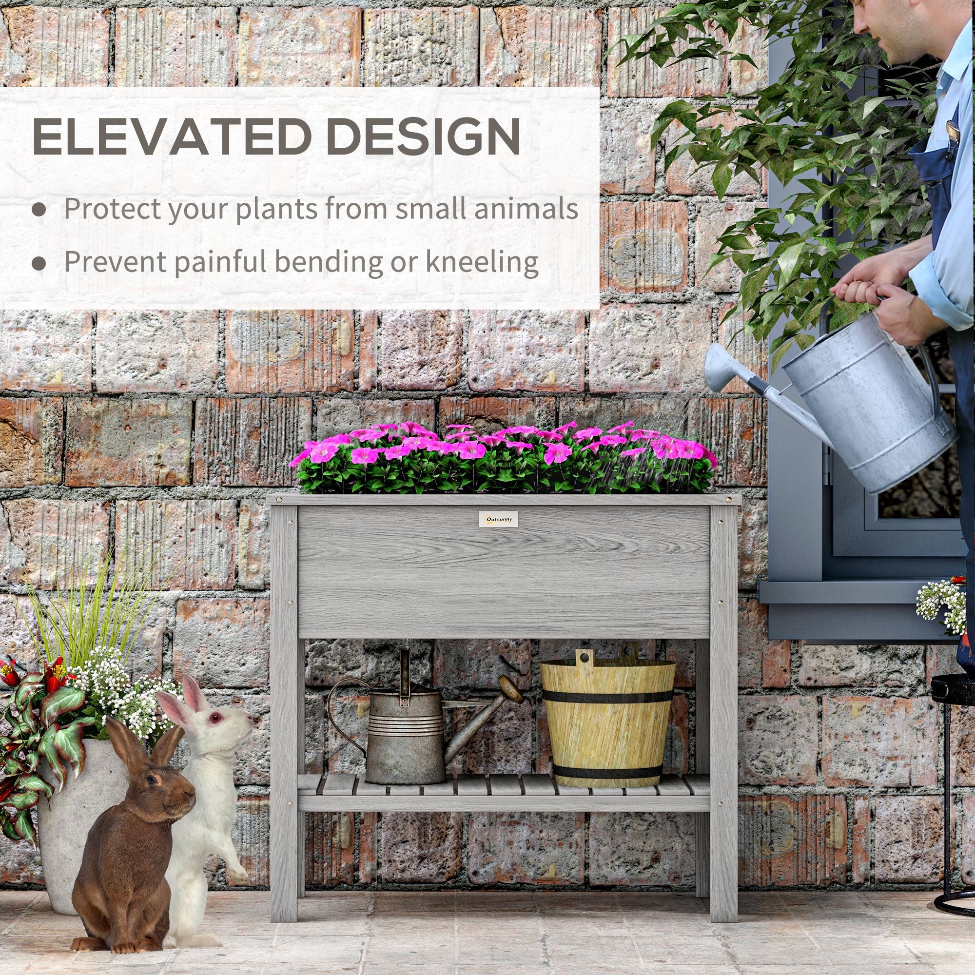 Outsunny Elevated Planter Paradise: Raised Bed Box with Shelf for Flowers, Vegetables, and Planter Box, Drain Holes, 36"x16"x32", Grey