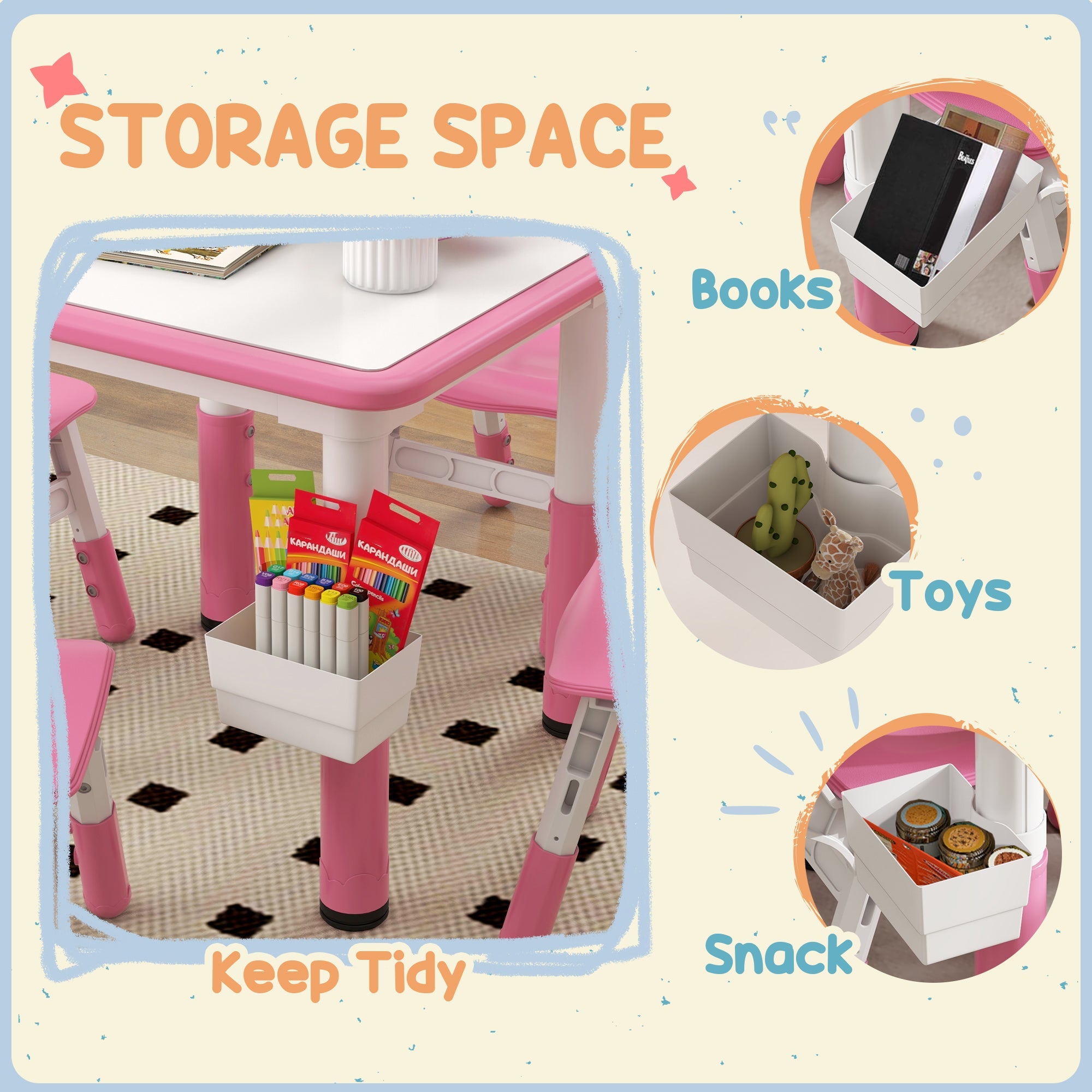 Qaba 5 Piece Toddler Table Chair Set Height Adjustable Activity Set Nursery Classroom Playroom Furniture Pink