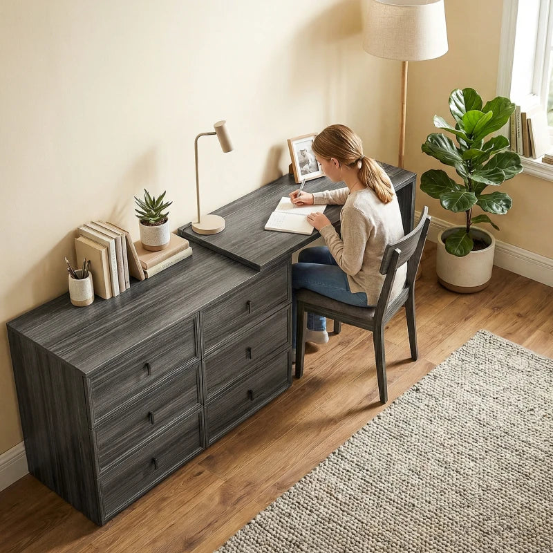 L Shaped Computer Desk Home Office Desk with 6 Drawers Black Wood Grain