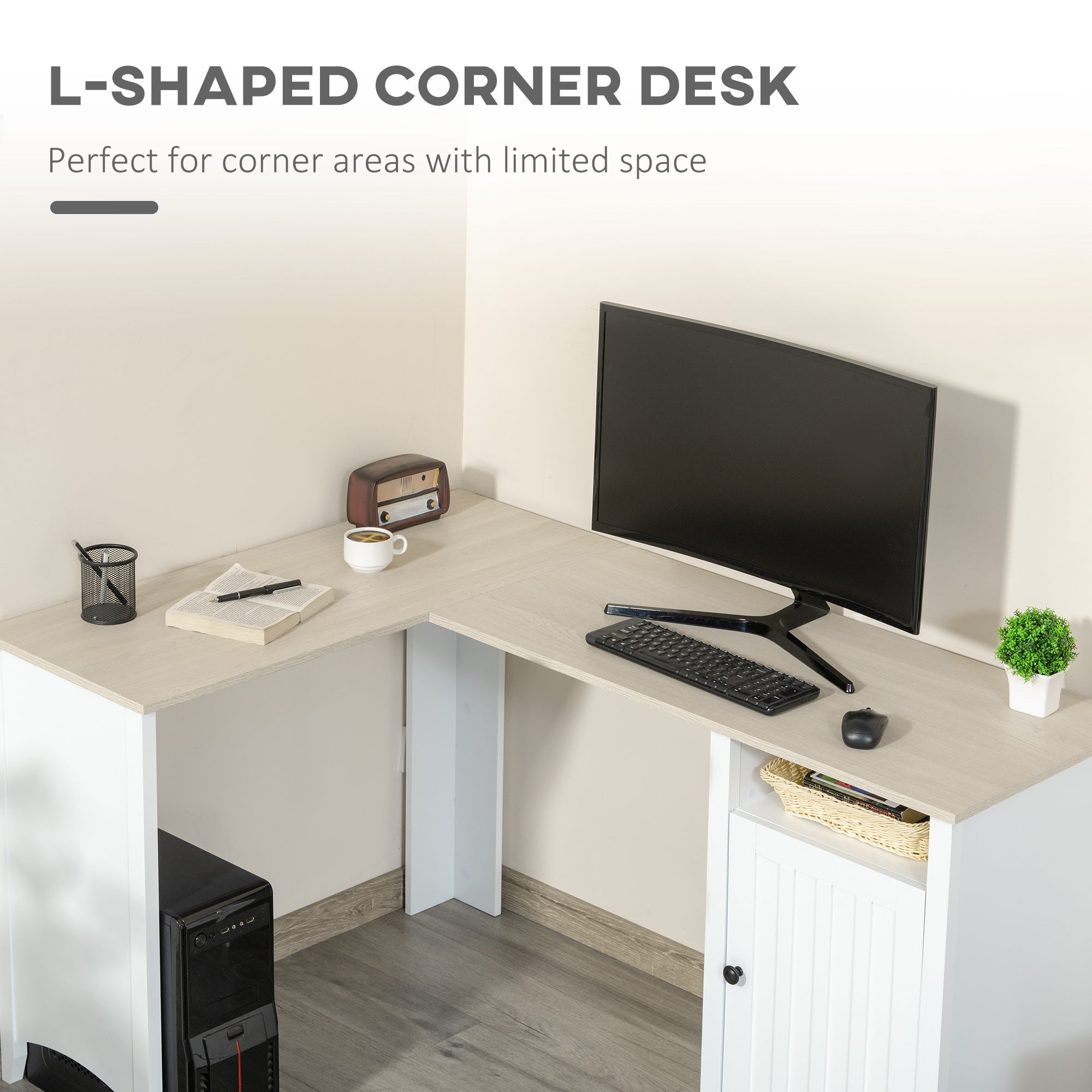 HOMCOM L-Shaped Desk for Home Office Spacious Corner Computer Desk with Shelf & Cabinet Modern Workstation in Natural Wood & White