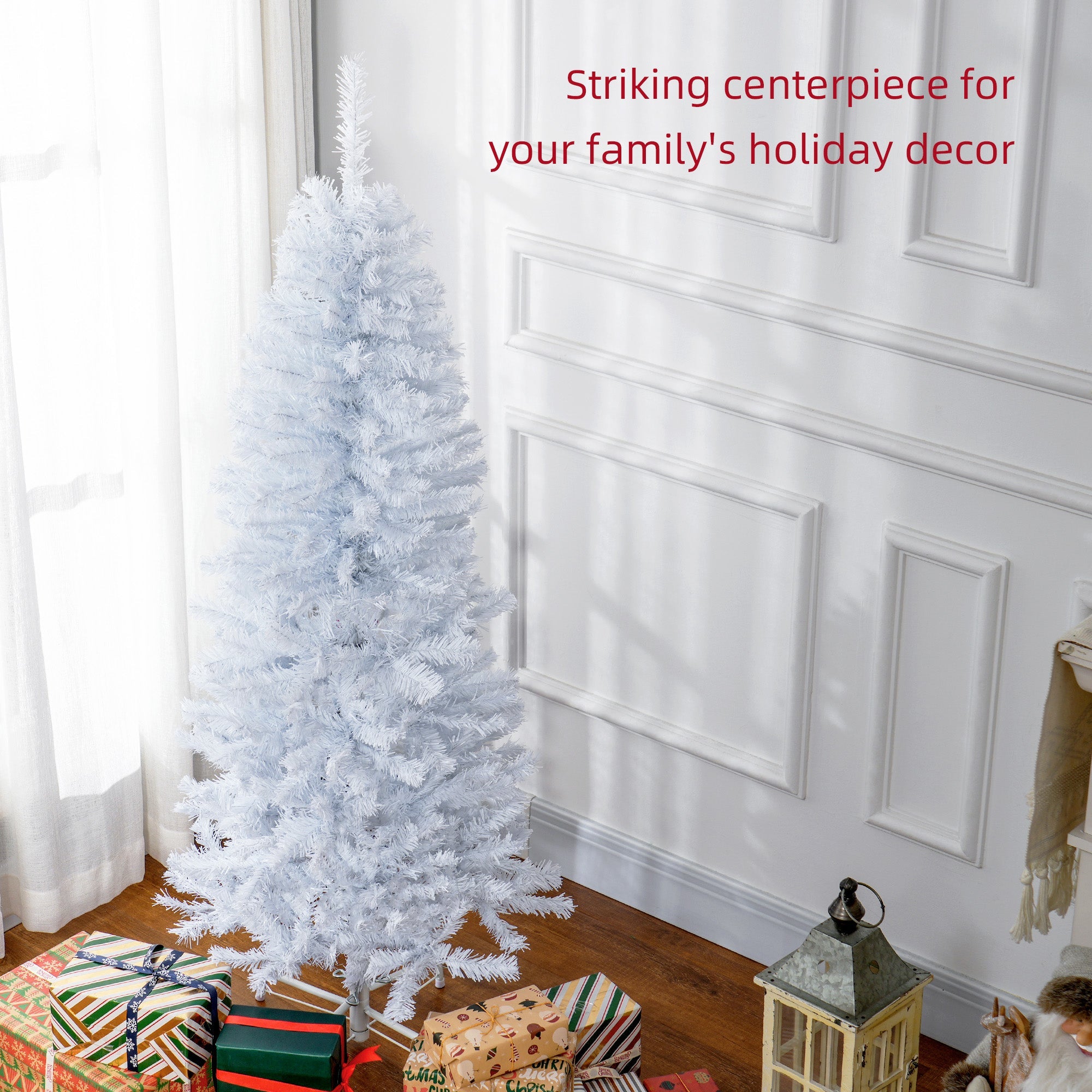 HOMCOM 5FT Pencil Christmas Tree, Artificial Christmas Tree with Automatic Open for Home Party, White