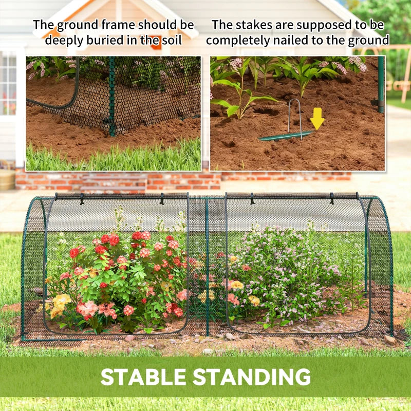 8' x 3' Crop Cage, Garden Plant Protector, with 3 Zippered Doors and 6 Ground Stakes, for Garden, Yard, Lawn, Black