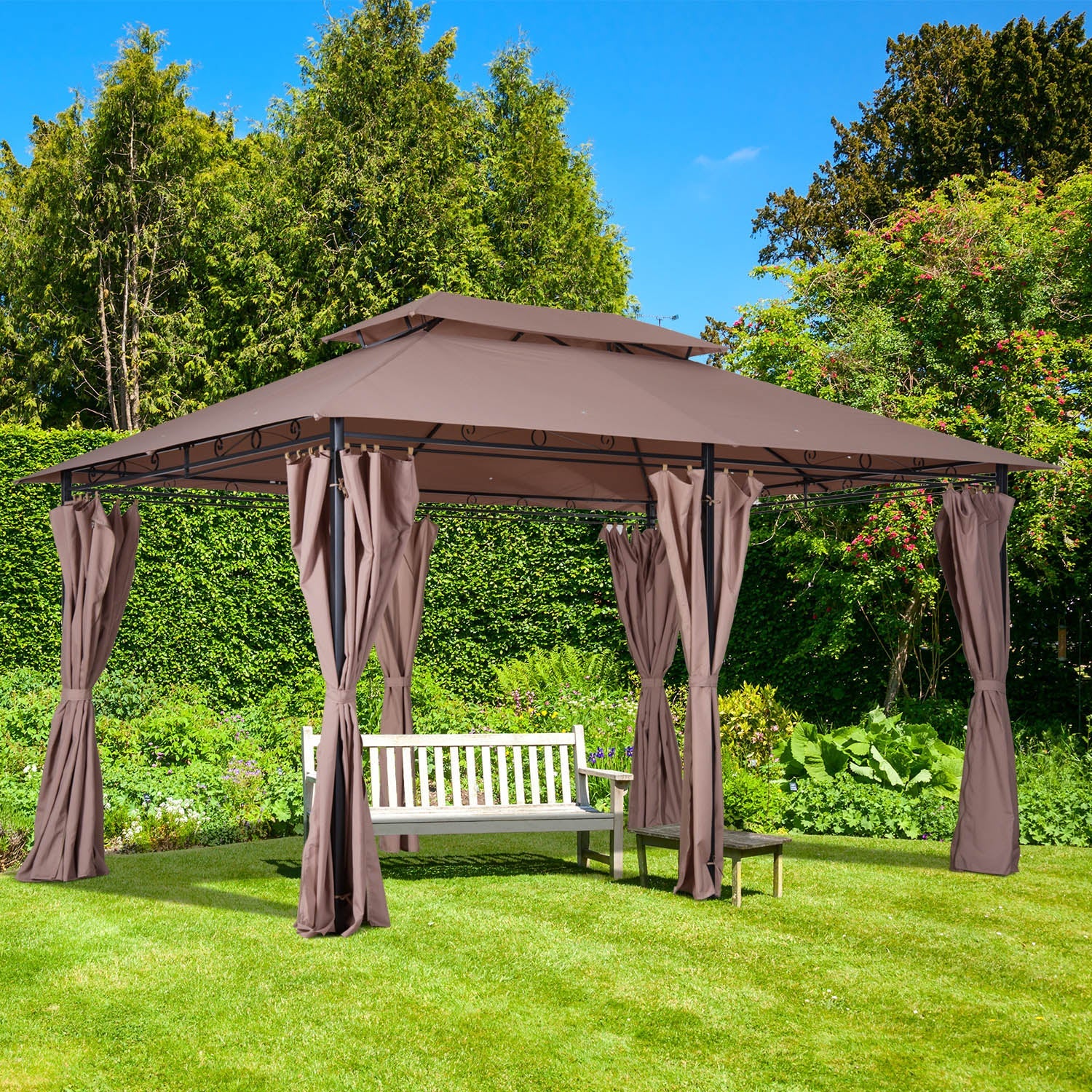 Outsunny 13' x 10' Soft-top Patio Gazebo Garden 2-Tiers Canopy Yard Sunshade Shelter with Curtains Khaki