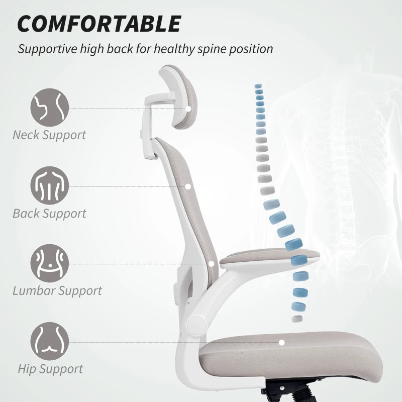 Ergonomic Office Chair, Mesh Desk Chair with Adjustable Headrest, Lumbar Support and Height, Flip-Up Armrests, Grey