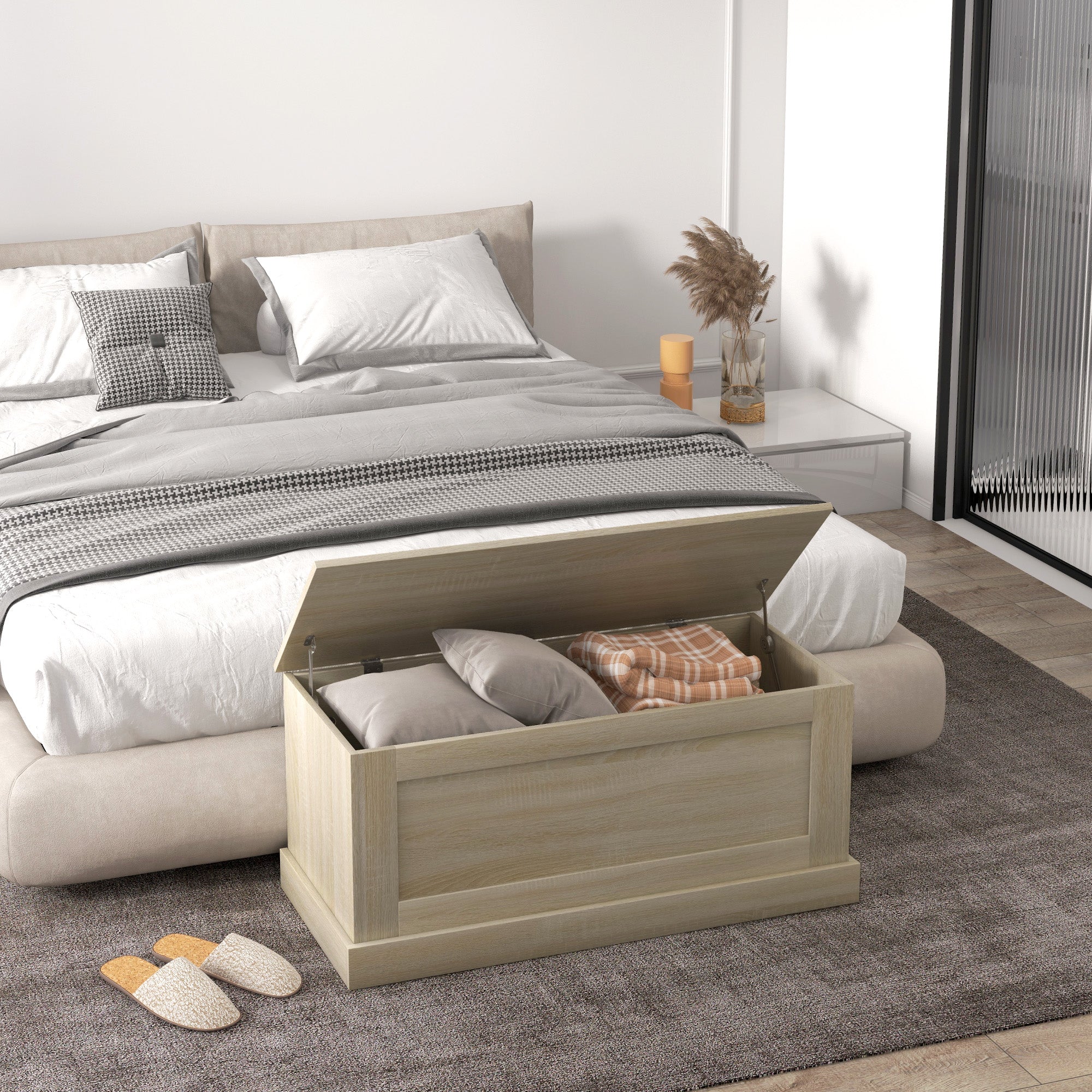 HOMCOM 39.4 Inches Storage Chest, Storage Trunk with Safety Hinge, Wooden Toy Box for Living Room, Natural Wood Grain