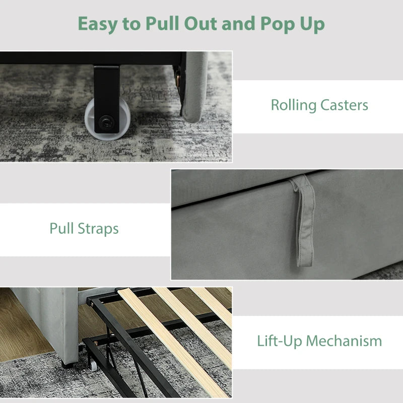 Upholstered Twin Size Trundle Bed, Velvet Twin to King Day Bed with Pop Up Trundle, Headboard and 2 Pockets, Light Grey