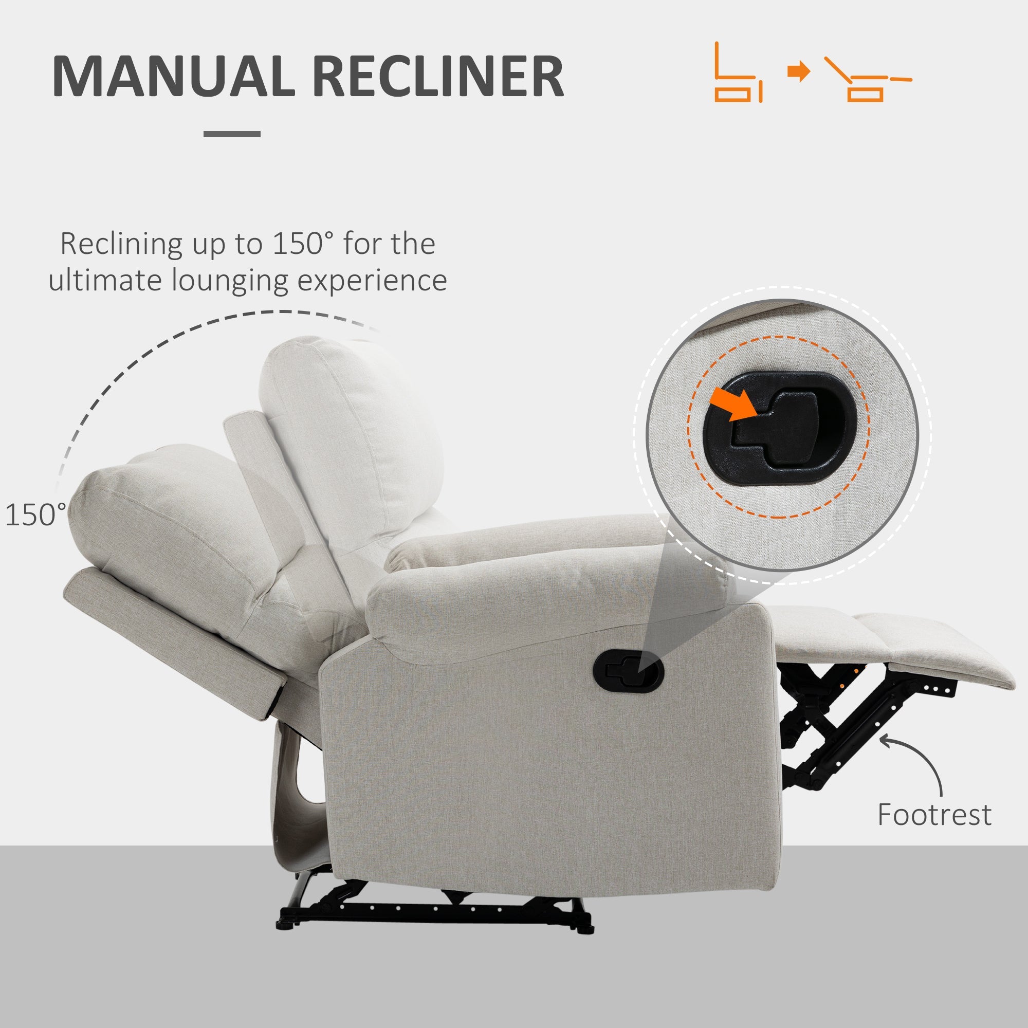 HOMCOM Recliner Sofa Manual Reclining Chair with Footrest Padded Seat for Living Room, Bedroom, Study, Cream White