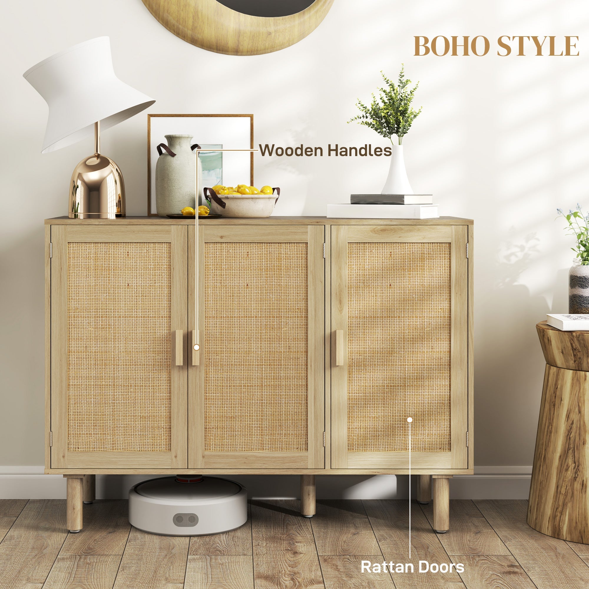 HOMCOM Bohemian Sideboard, 46.9" Buffet Cabinet with 3 Rattan Doors and Shelves for Living Room, Hallway, Oak