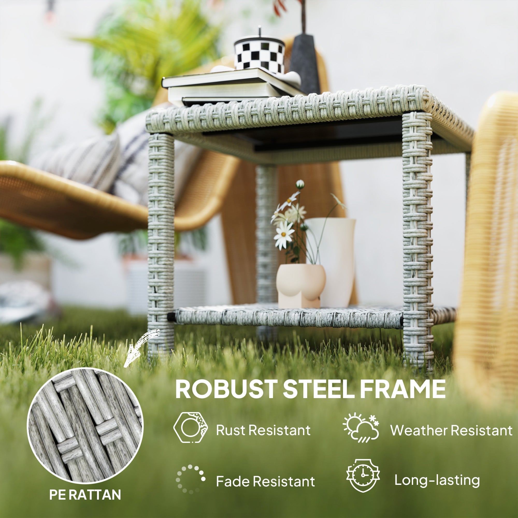 Outsunny 19" Outdoor Wicker Coffee Table with Glass Top, Storage Shelf for Garden Porch Balcony Deck, Dark Grey