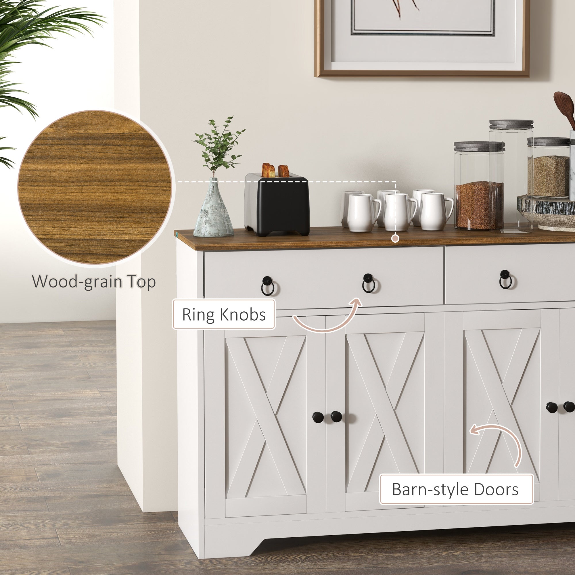 HOMCOM Kitchen Sideboard with 2 Drawers 4 Barn Doors 2 Adjustable Shelves Buffet Table White for Living Room