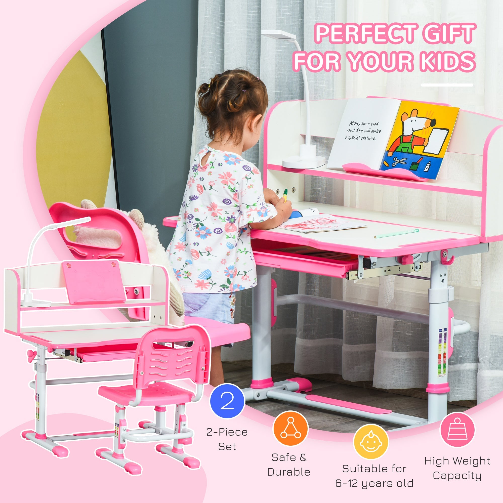 Qaba Kids Adjustable Desk and Chair Set with LED Light Bookshelf Drawer for Student Study Pink