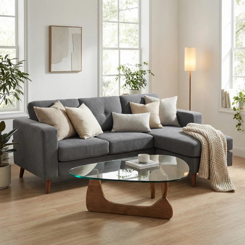 Sectional Sofa with Changeable Chaise Lounge, 3 Seat L-Shaped Small Space Sofa, Upholstered Couch for Small Space, Dark Grey