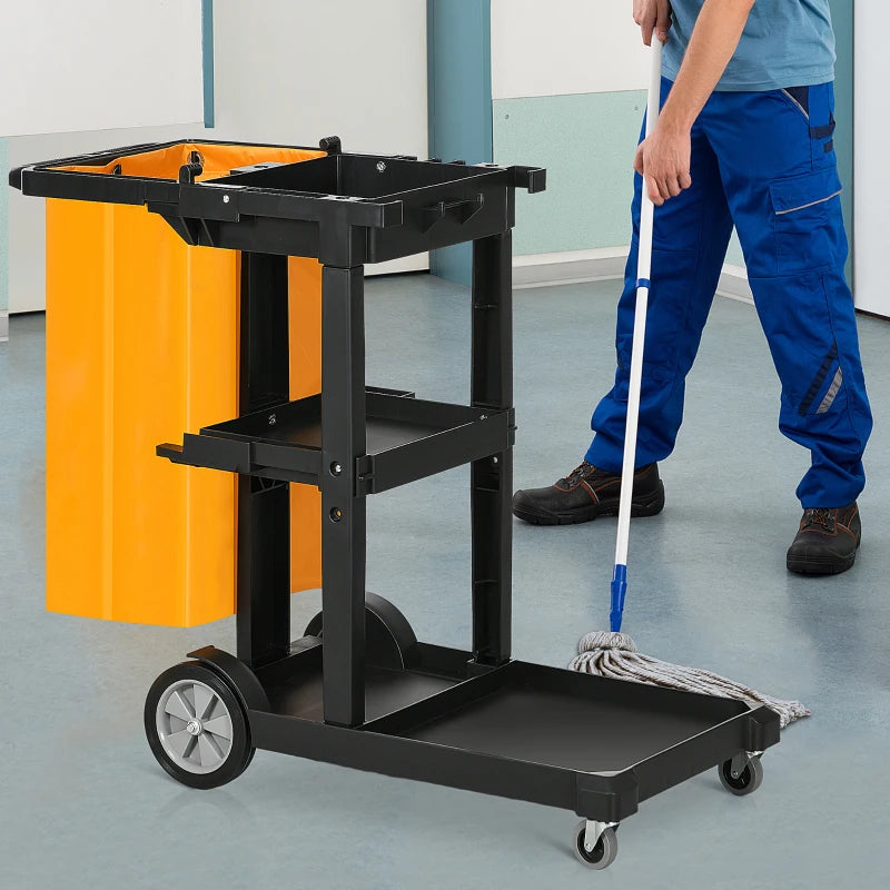 Janitorial Cart with 3 Shelves, Cleaning Cart on Wheels with Rubbish Bag and Mop Holders for Hotel, Housekeeping, Black