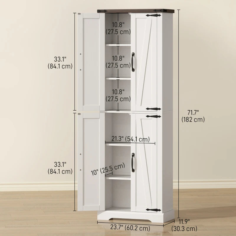 72" Pantry Cabinet, Farmhouse Freestanding Kitchen Storage Cabinet with Adjustable Shelves for Dining Room, White