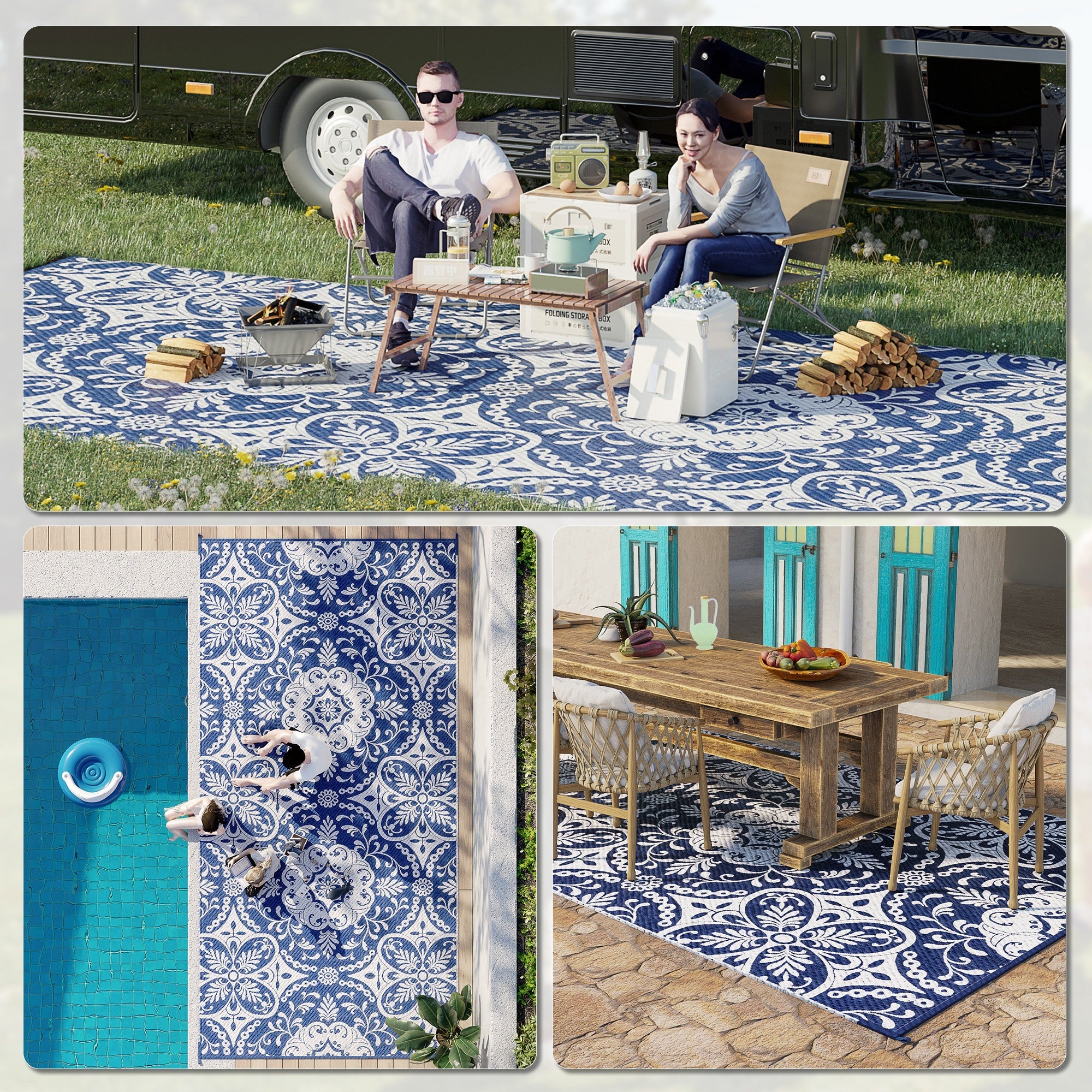 Outsunny 9' x 18' Portable Outdoor Rug Reversible Waterproof Mat with Carry Bag for RV Backyard Deck Blue White Flower
