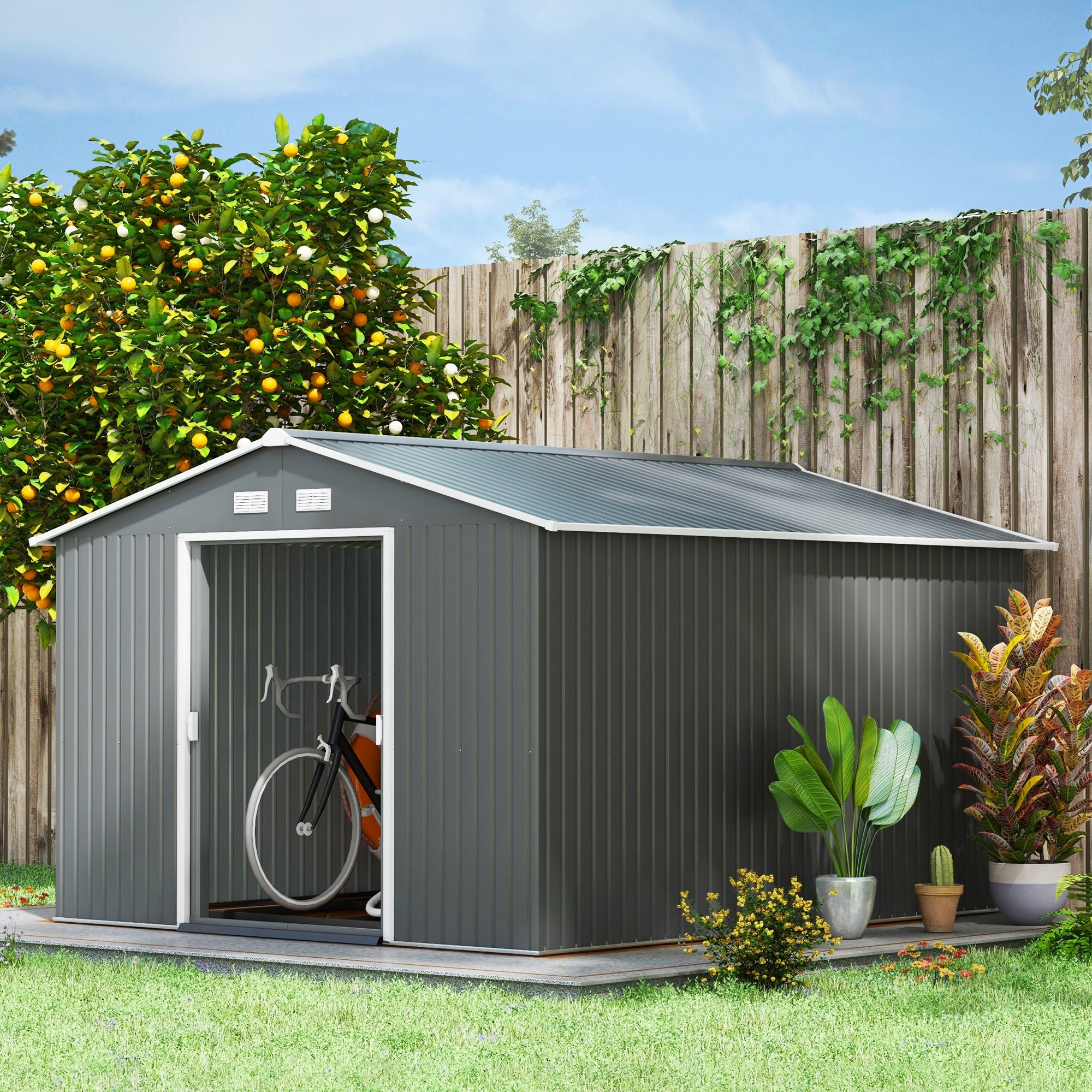 Outsunny 9' x 10.6' Garden Storage Shed w/ Foundation Kit Metal Tool Storage House w/ Double Doors Light Grey
