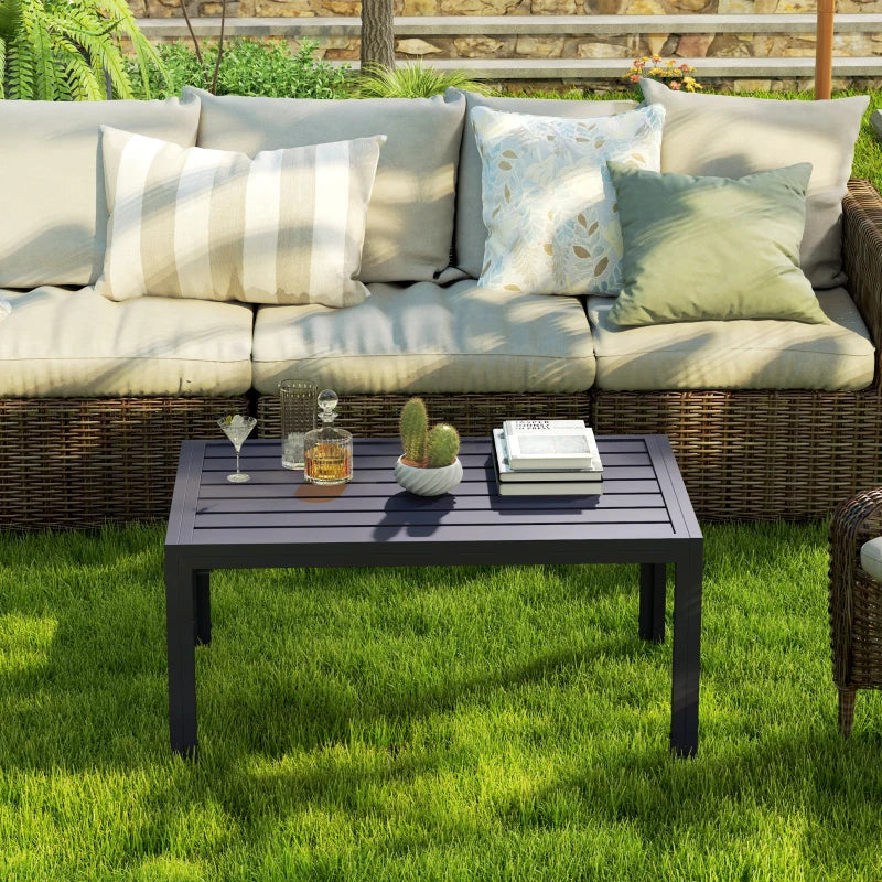 Outdoor Coffee Table, Rectangular Patio Table with Steel Frame and Slat Tabletop for Garden, Balcony, Grey