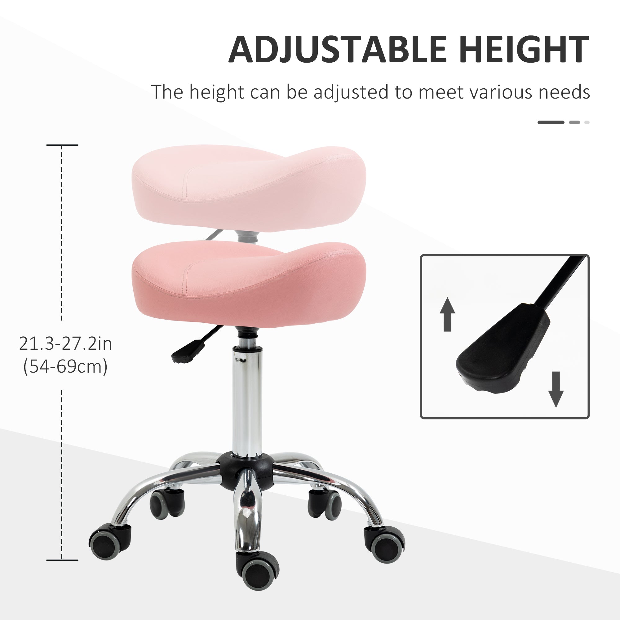 HOMCOM Saddle Stool Chic: Height Adjustable Rolling Salon Chair in Pink PU Leather for Massage, Spa, Clinic, Beauty, and Tattoo