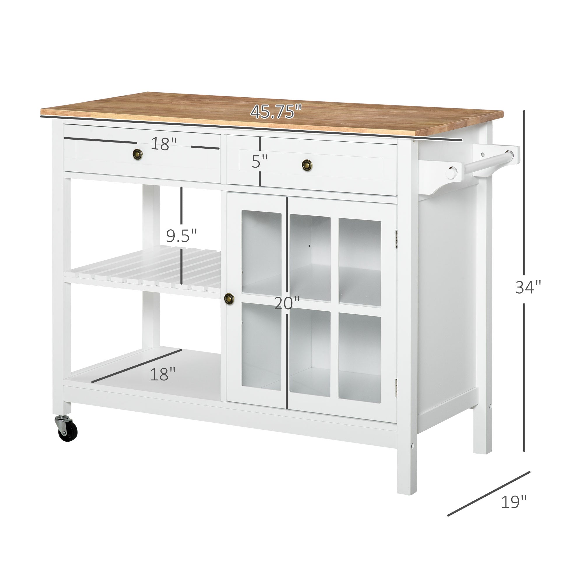 HOMCOM White Kitchen Utility Cart: Rolling Island with Rubber Wood Top, Towel Rack, Cabinets & Drawer Storage