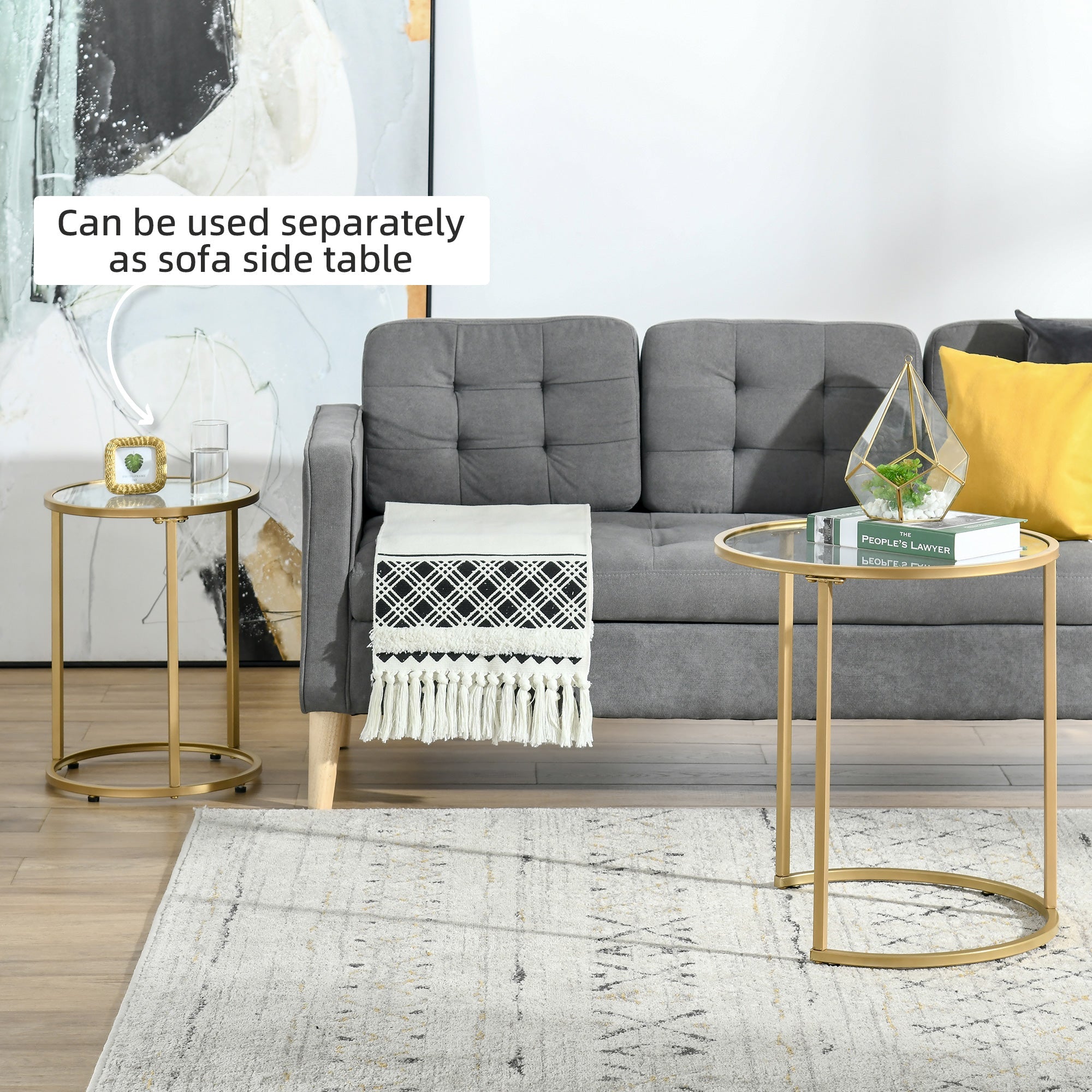 HOMCOM Glamorous Nesting Tables: Set of 2 Round Side Coffee Tables with Tempered Glass Top, Elegant Gold Metal Base