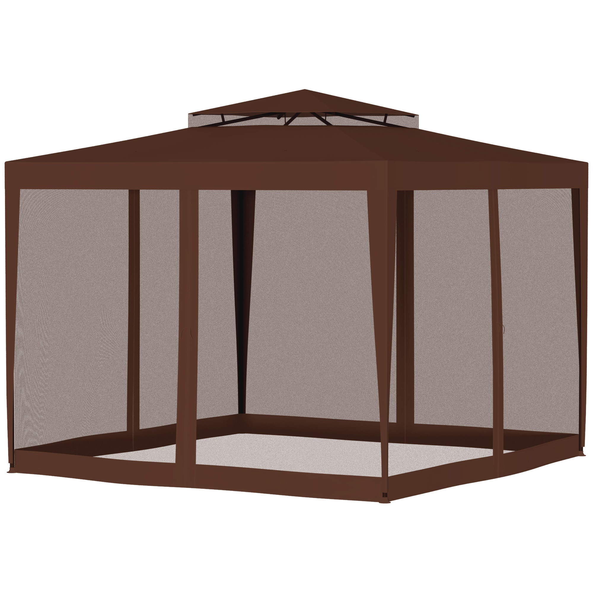 Outsunny 10x10 Canopy Tent Party Tent with Mesh Netting & Double Tier Roof for Outdoor, Garden, Patio in Brown