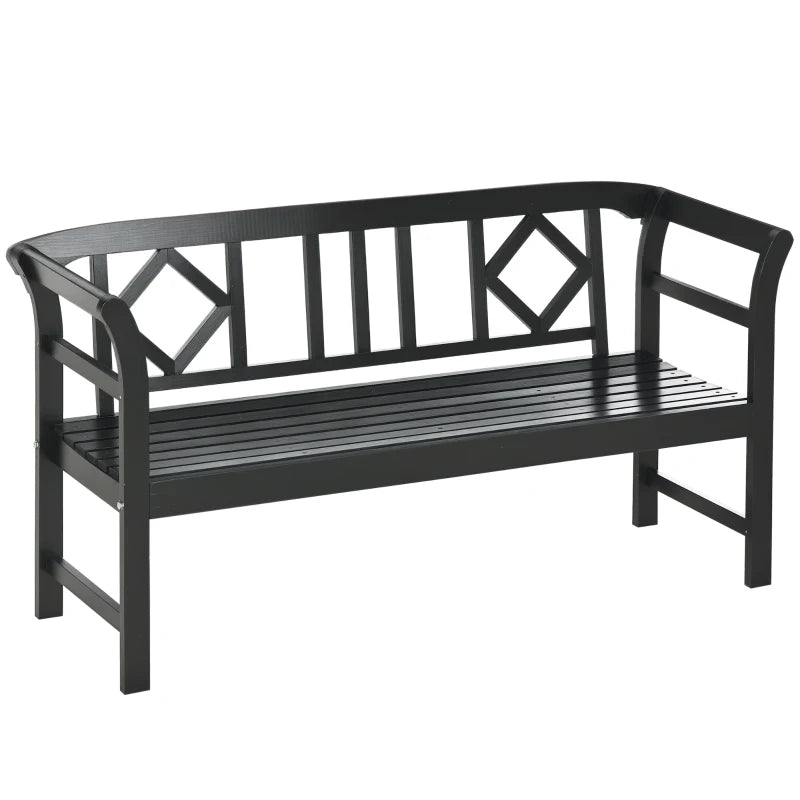 Wooden Outdoor Bench, 3 Person Patio Garden Bench with Diamond Pattern Backrest, Slatted Seat, 792 LBS Capacity, Black
