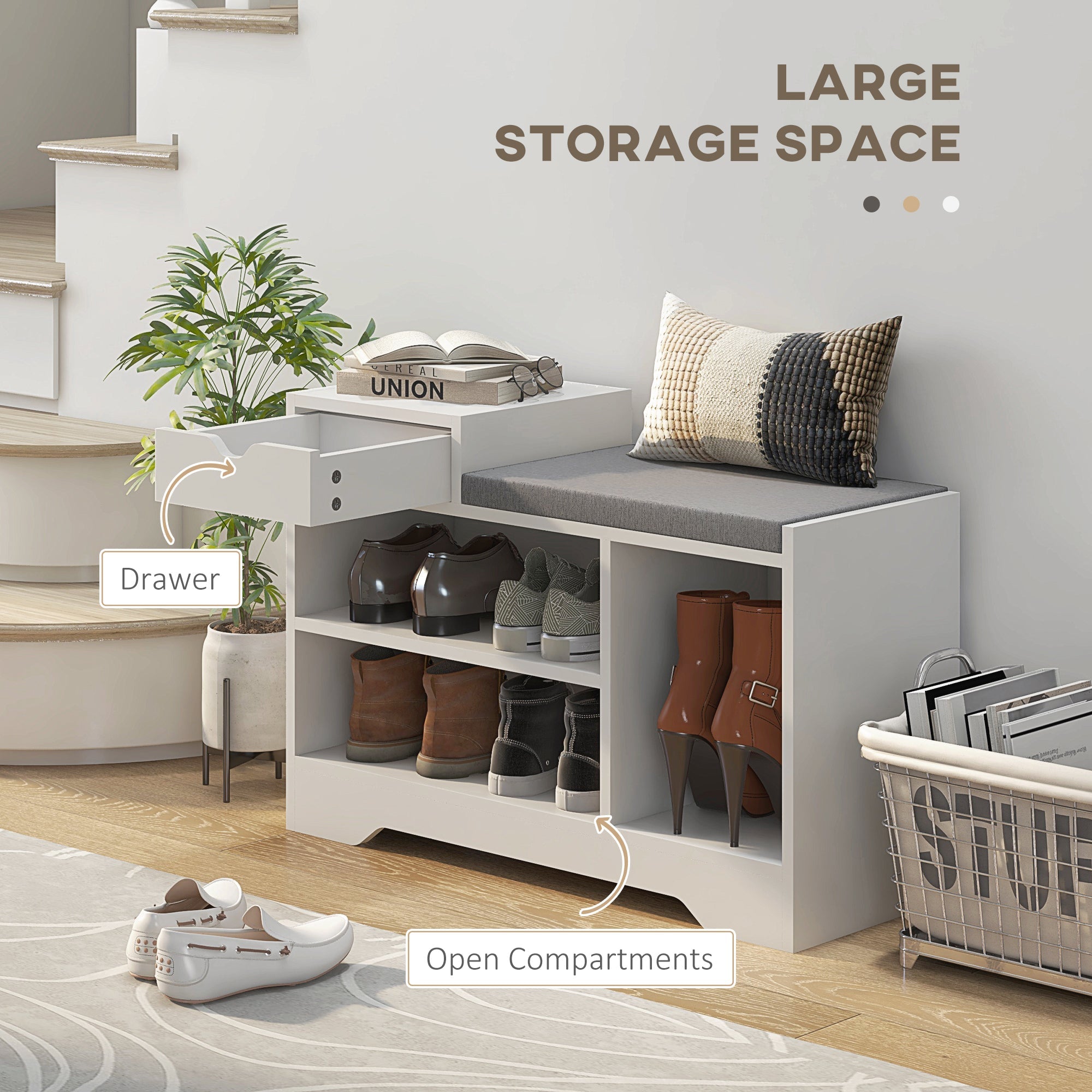 HOMCOM Shoe Simplicity: Storage Bench with Seat Drawer, 3 Open Shelves, Upholstered Entrance Bench for Hallway