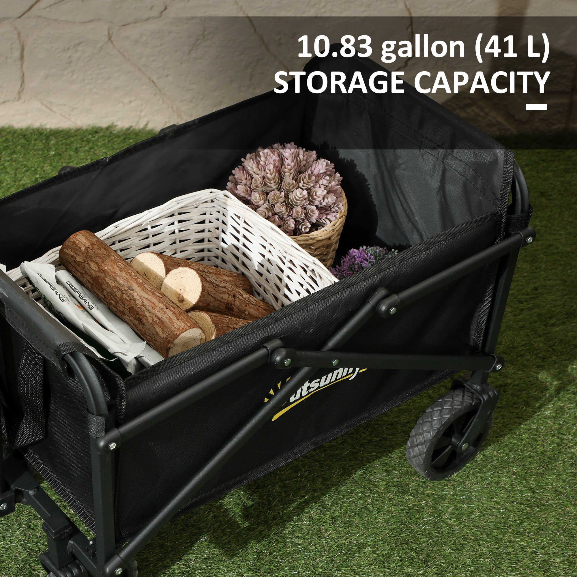 Outsunny Small Collapsible Folding Garden Cart, Heavy Duty Lawn Wagon with Universal Wheels and Adjustable Handle, Black
