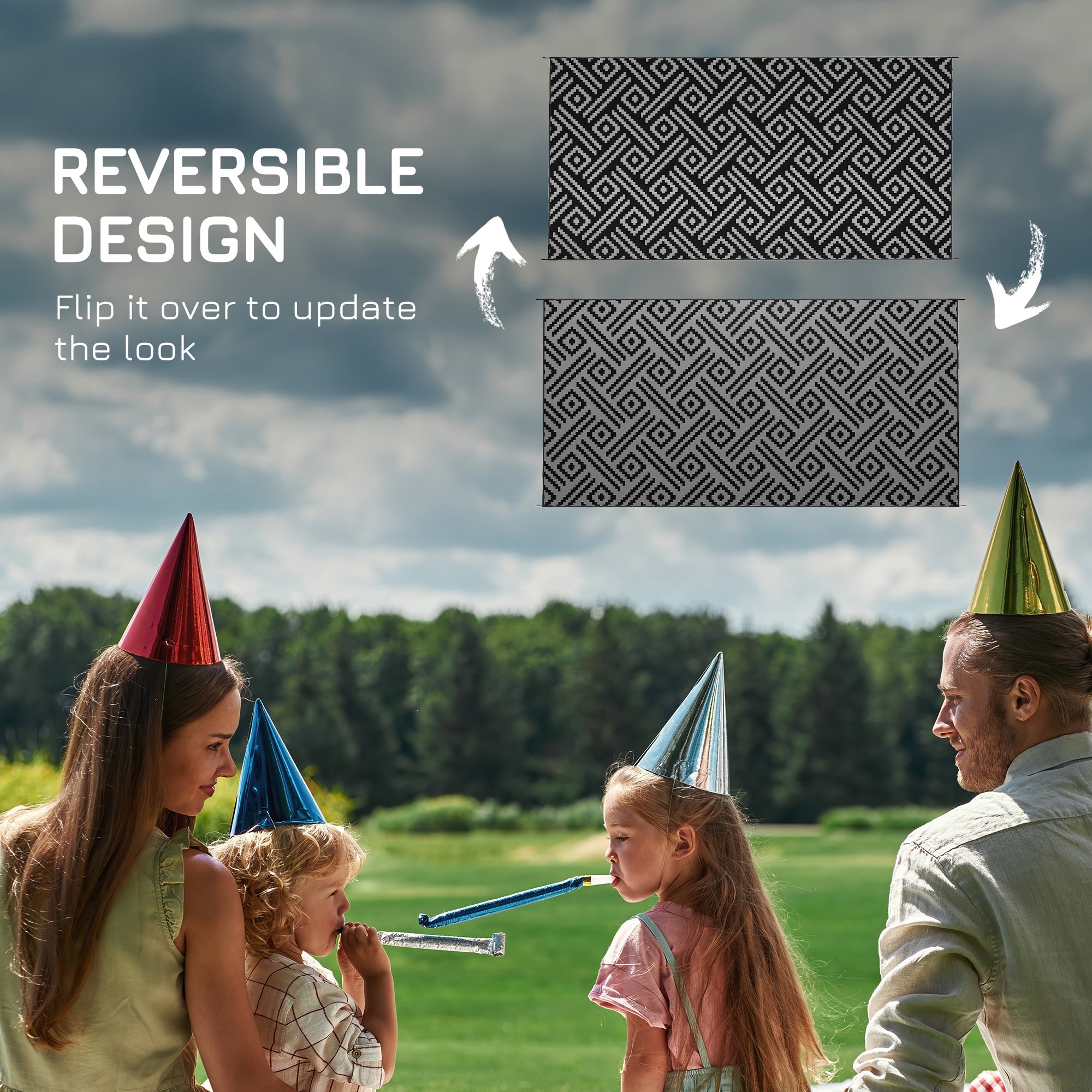 Outsunny 9x18ft Black Grey Geometric Reversible Outdoor Rug Waterproof Plastic Straw with Carry Bag