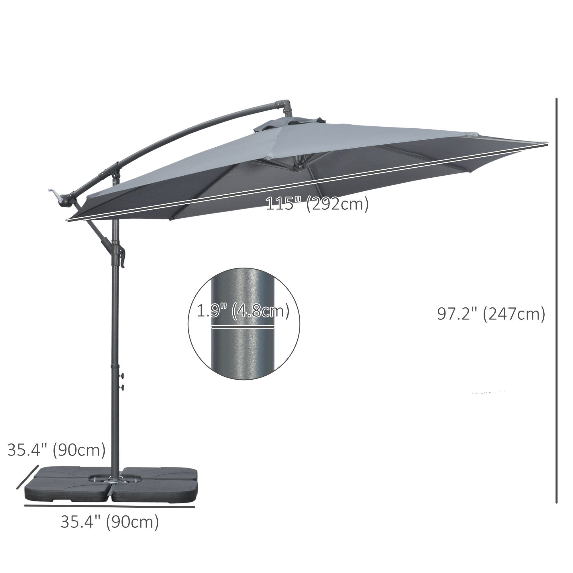 Outsunny 9.6ft Offset Patio Umbrella Garden Hanging Parasol Banana Cantilever with Base Crank Dark Grey
