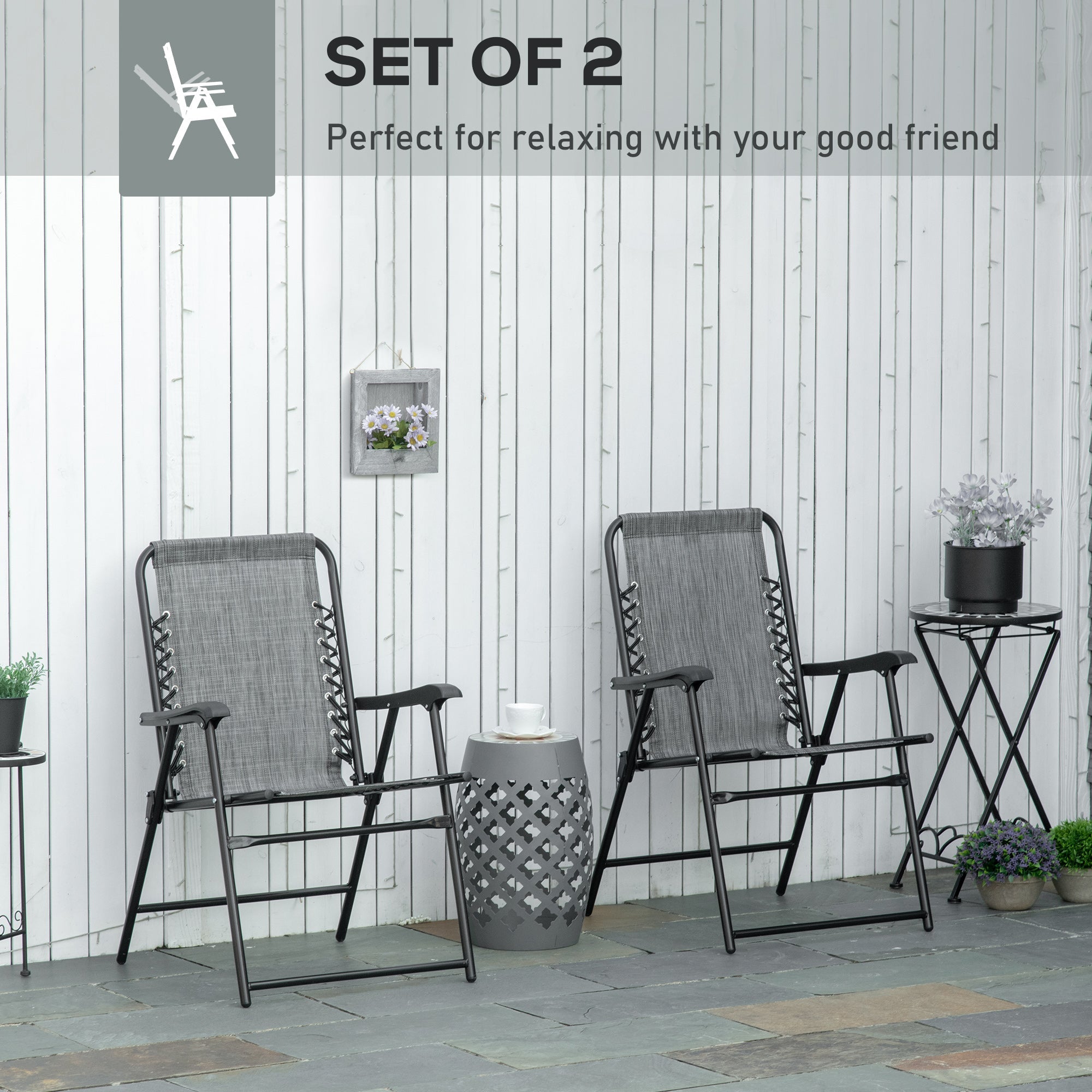 Outsunny Portable Patio Perfection: Folding Chairs 2pc Set with Armrests, Outdoor Camping, Garden, Beach Seating in Grey