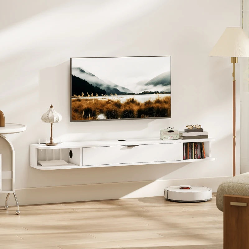 55" Floating TV Stand for TVs up to 60 Inch, Wall Mounted Media Console with Flip Drawer and 2 Open Shelves, White