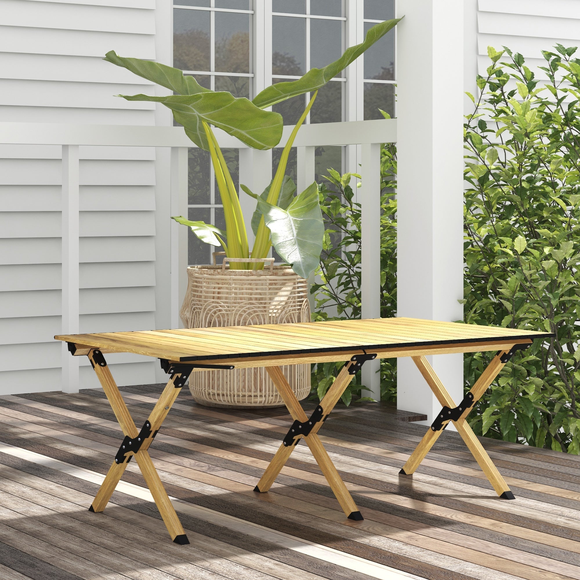 Outsunny Portable Aluminum Picnic Table: Folding, with Roll-Up Top for Party, BBQ, Beach, Easy Carry Design - Natural Finish