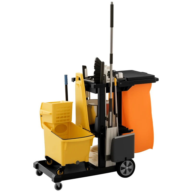 Commercial Janitorial Cart with 3 Tier Shelves, Cleaning Cart with Rubbish Bag and Mop Mount for Hotel Restaurant, Grey