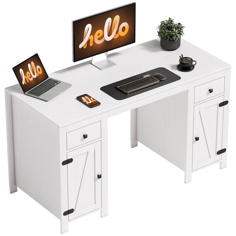 53" Farmhouse Executive Desk, Computer Desk with Drawers and 2 Cabinets, Study Table for Home Office, White Wood Grain