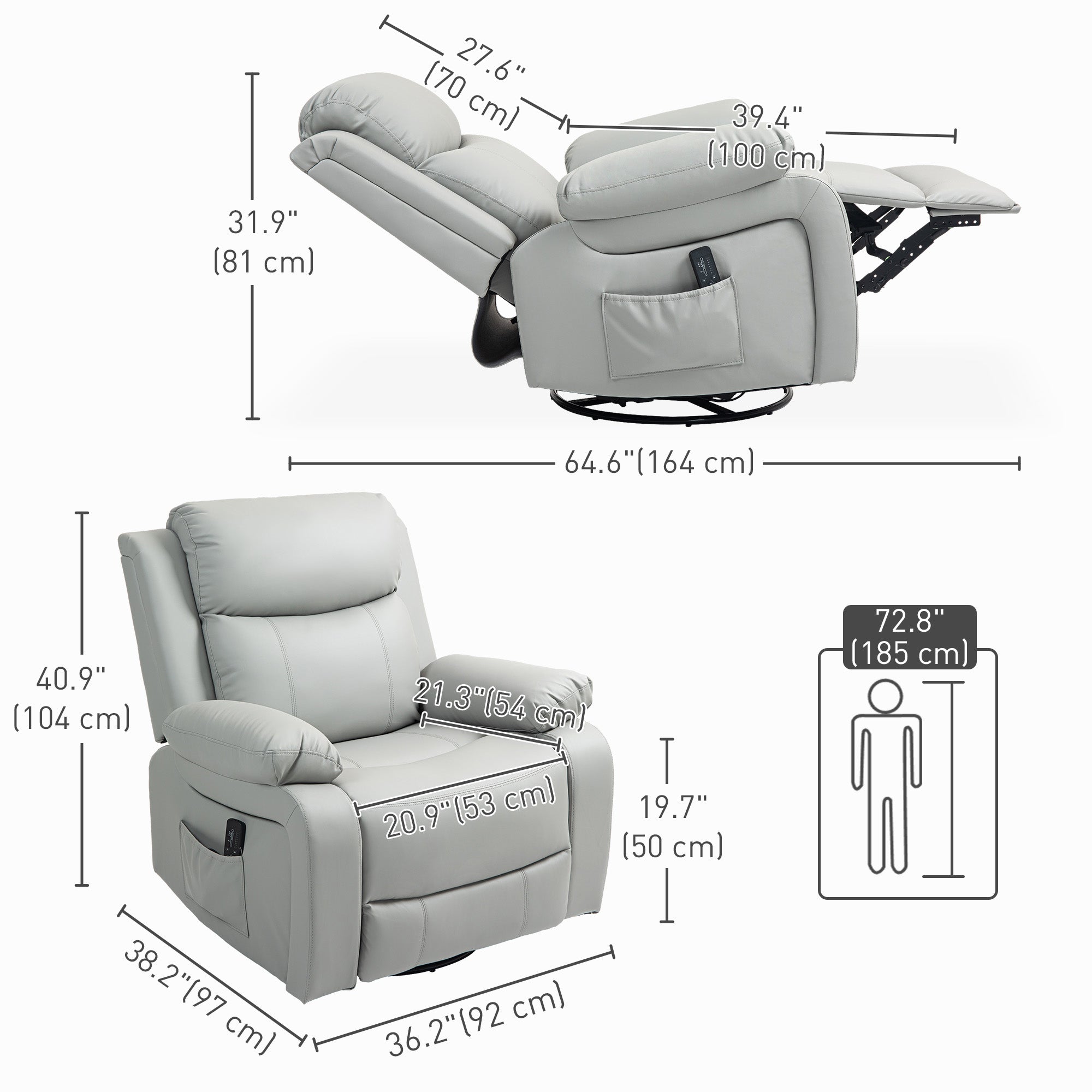 HOMCOM PU Leather Reclining Chair with Vibration Massage Rocker, Swivel Base, Rocking Function, Remote Control, Light Grey