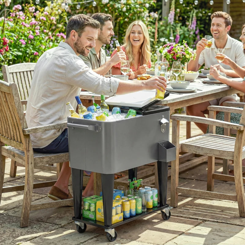 80 Quart Rolling Patio Cooler Cart with Storage Shelf, Patio Cooler with Locking Wheels, Bottle Opener & Cap Catcher